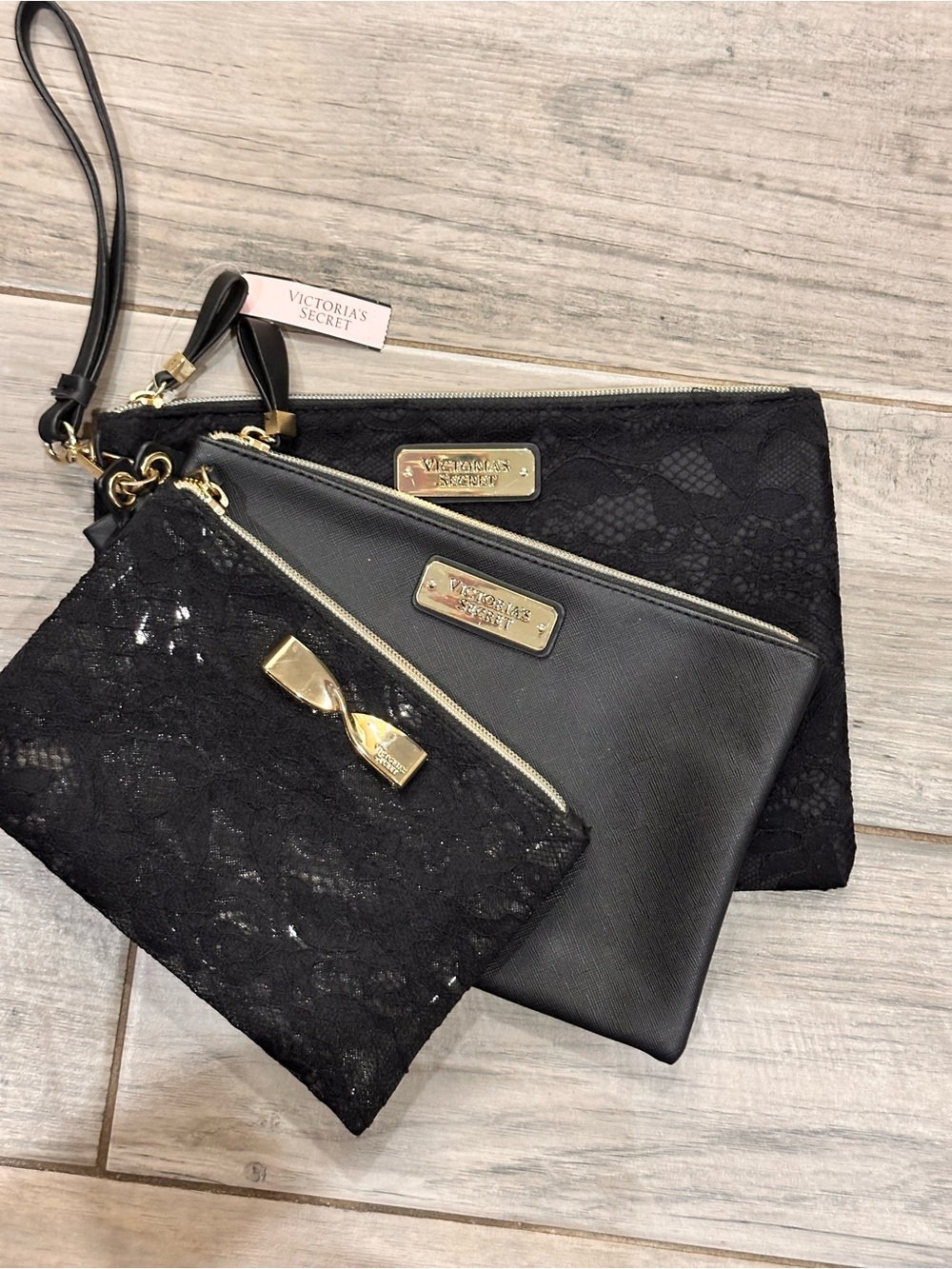 Victoria's Secret Black Lace & Faux Leather Convertible Wristlet Trio